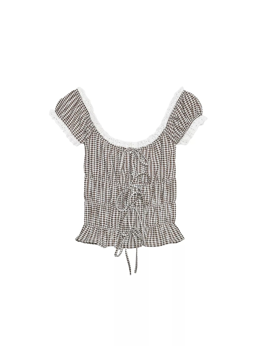 Zara Brown Gingham Lace-Trim Off-Shoulder Crop Top